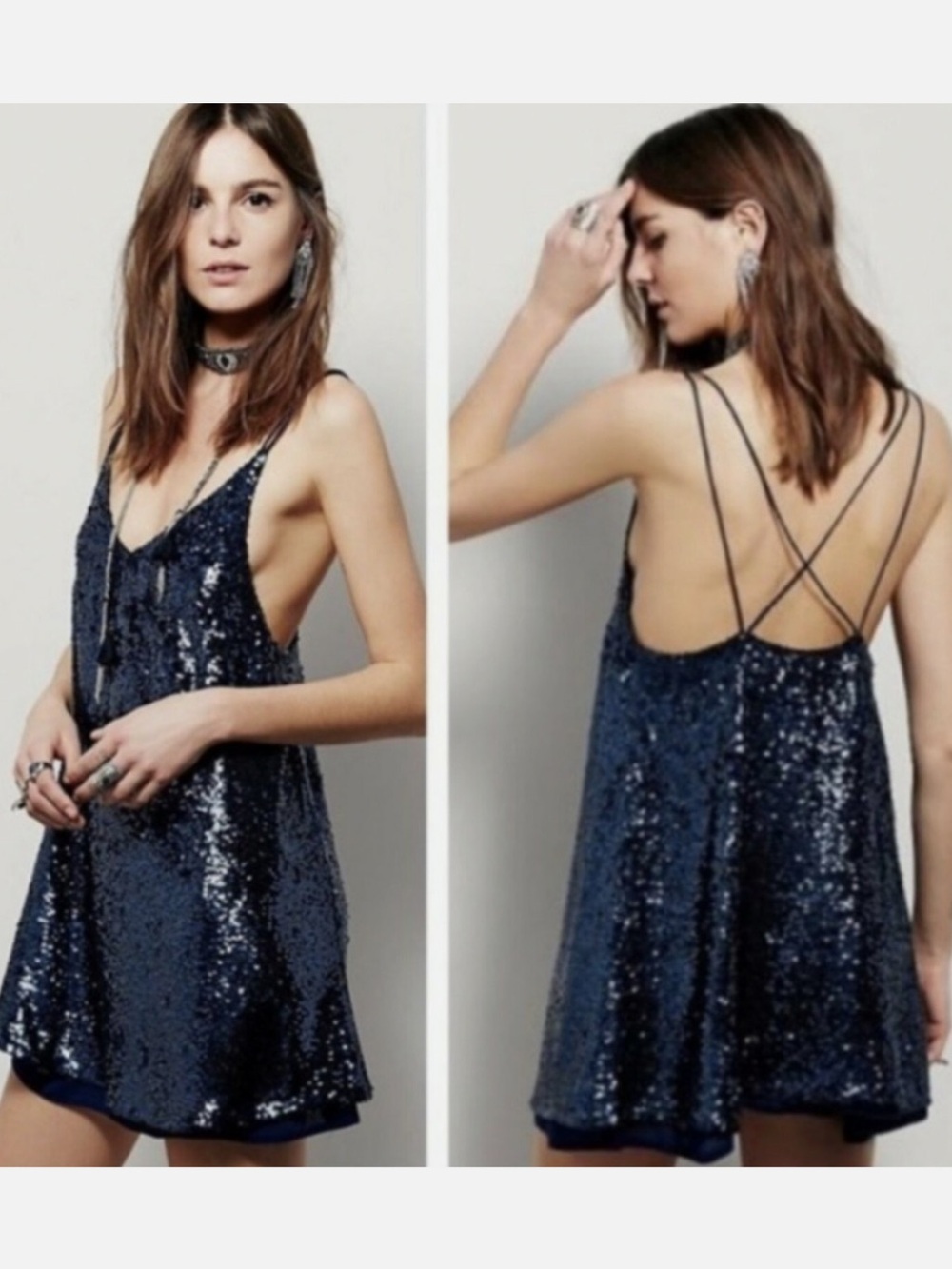 Free People Time To Shine Navy Blue Sequin Slip Dress